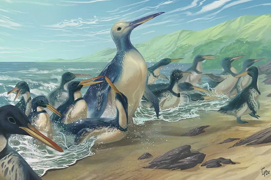 Stonehouse’s penguin. Reconstruction of a Fordyce's penguin emerging from the sea among a flock of Stonehouse's penguins (which were similar in size to an emperor penguin). Image © Simone Giovanardi by Simone Giovanardi.